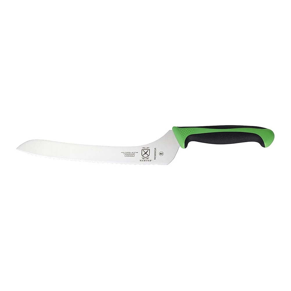 Mercer Culinary M23890GR Green Wavy Edge 9" Offset Bread Knife 1 Mercer Culinary M23890GR Green Wavy Edge 9" Offset Bread Knife