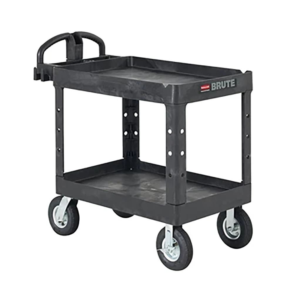 Rubbermaid FG454610BLA Black 2-Shelf Utility Cart W/ Pneumatic Casters 1 Rubbermaid FG454610BLA Black 2-Shelf Utility Cart W/ Pneumatic Casters
